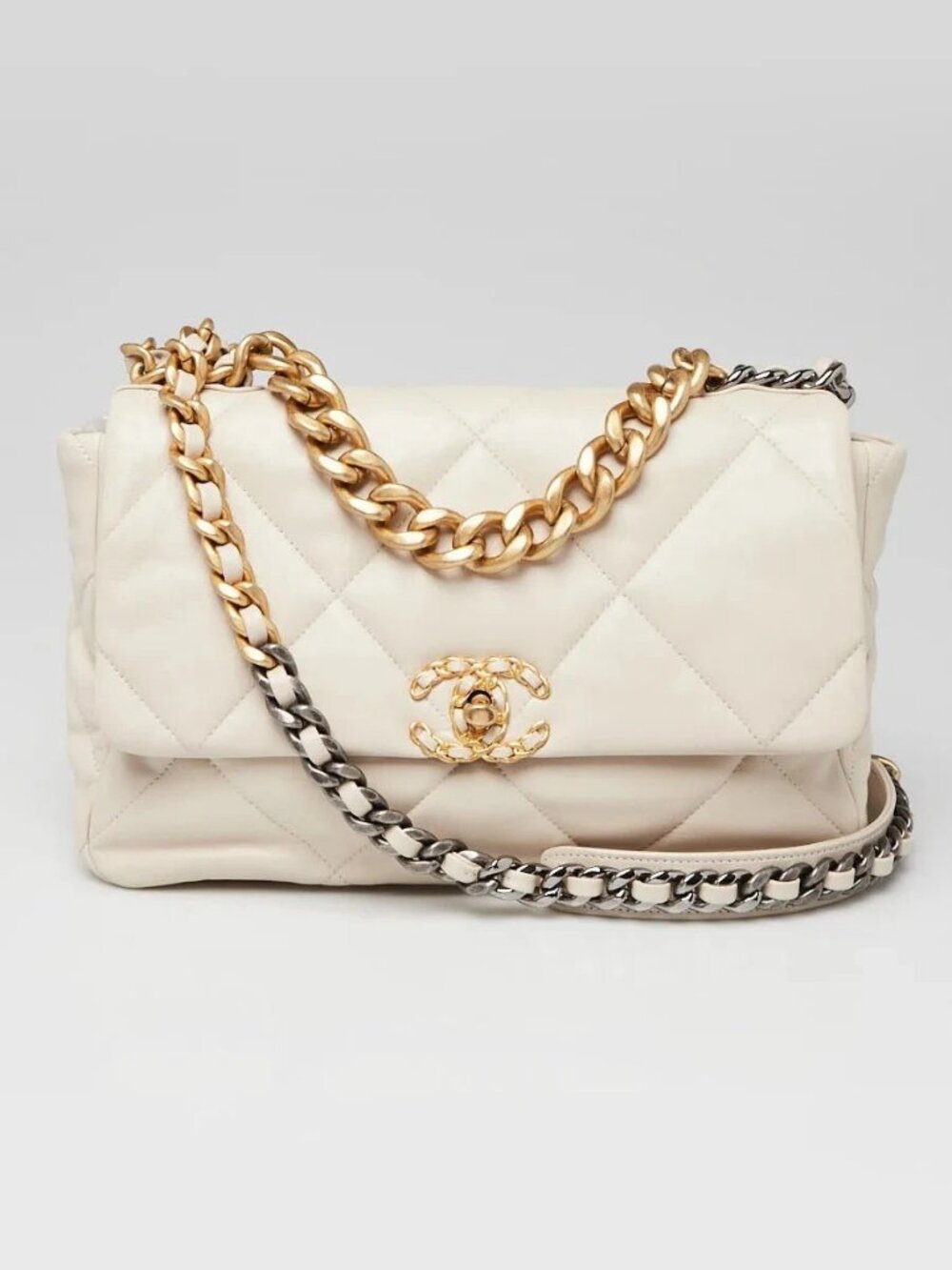 Chanel Light Beige Quilted Goatskin Leather Chanel 19 Large Flap Bag